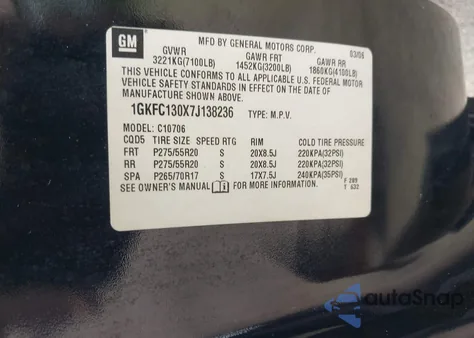 2007 GMC Yukon Slt z USA, uszkodzony, nr VIN 1GKFC130X7J138236